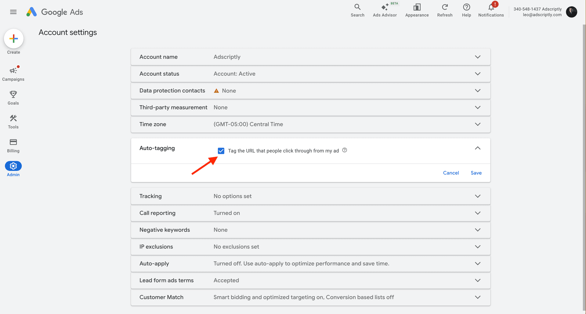 Google Ads auto-tagging settings checkbox