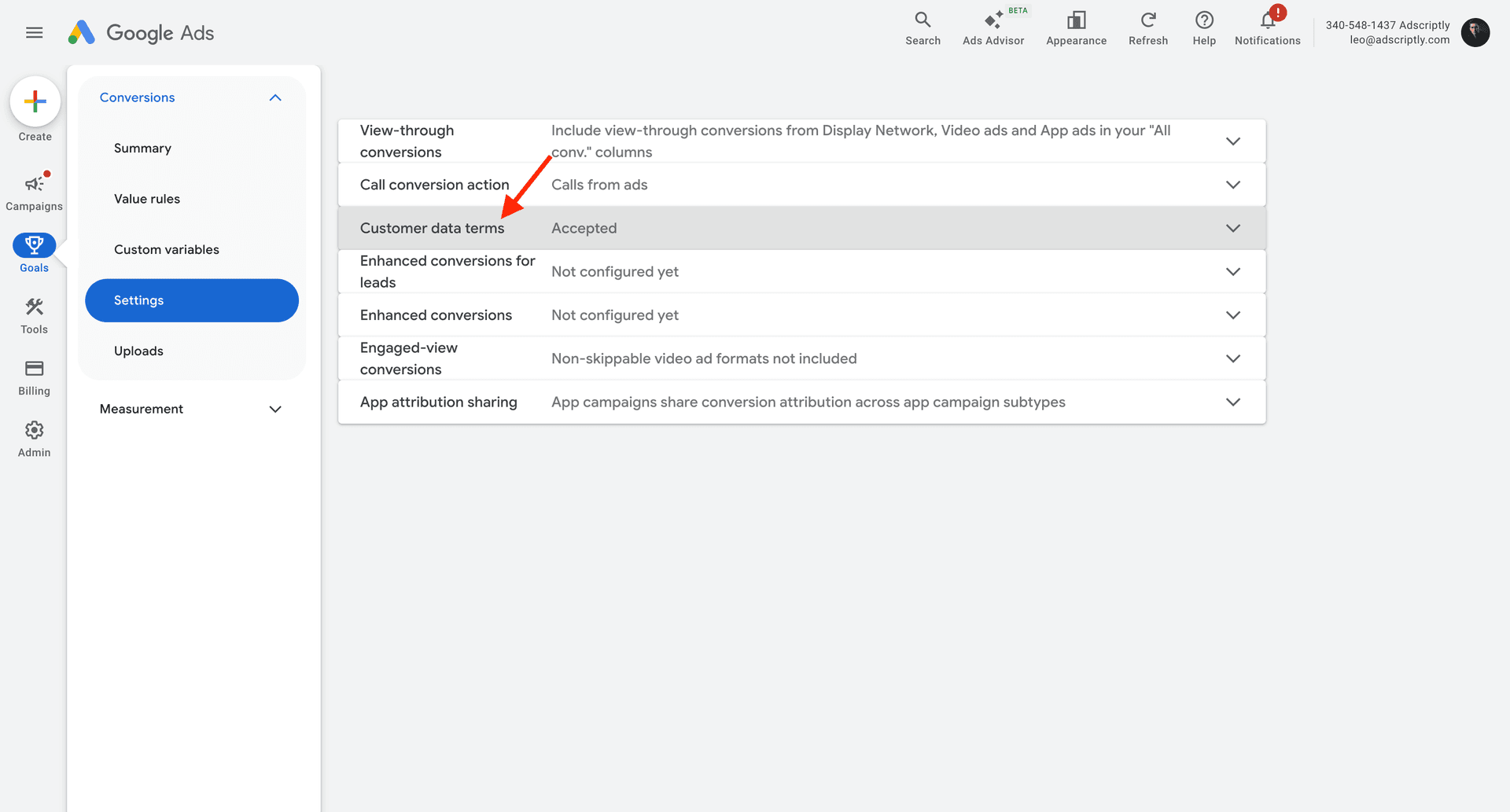 Customer data terms acceptance in Google Ads