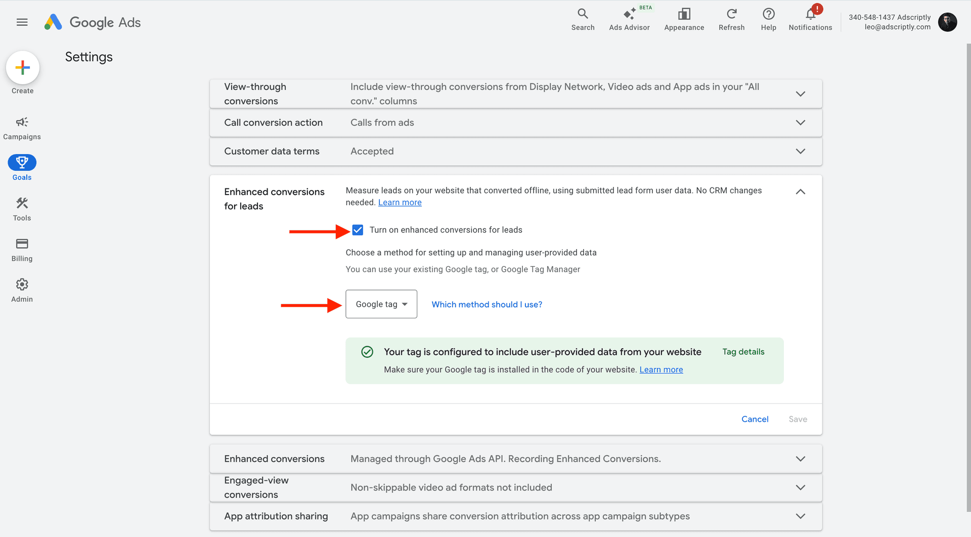 Enhanced conversions for leads toggle in Google Ads settings