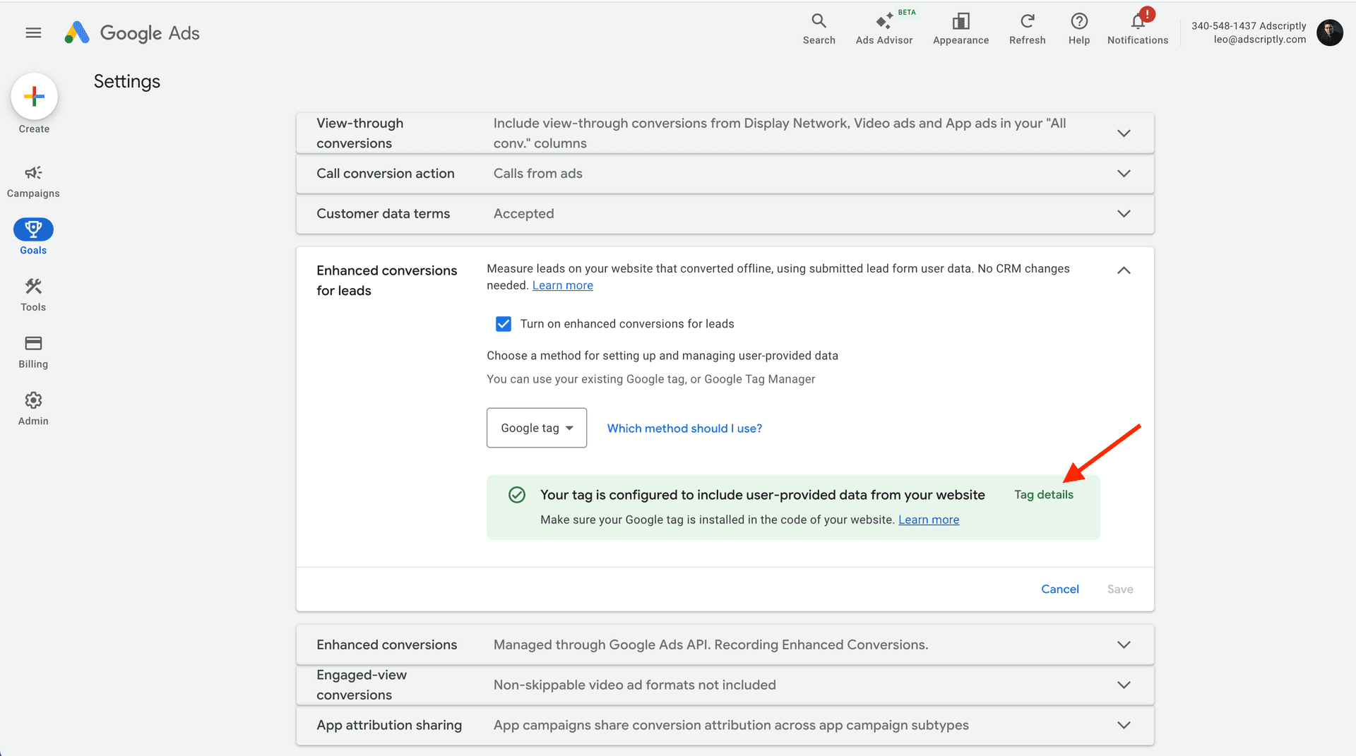 Tag details button in Google Ads