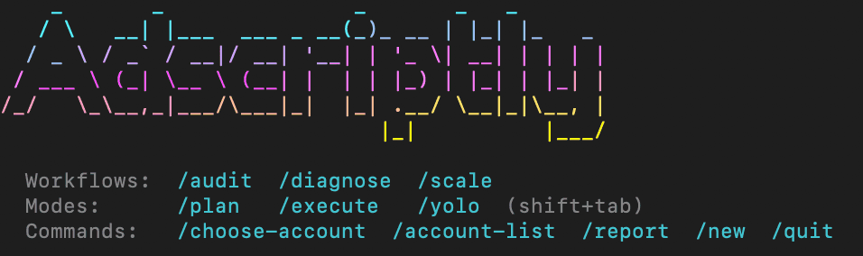 Adscriptly CLI showing ASCII banner with available workflows, modes, and commands