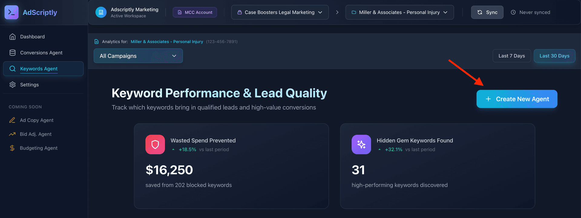 Keywords Dashboard with Create New Agent button