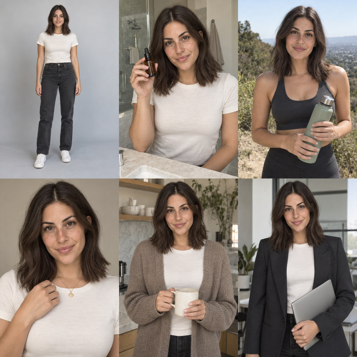 Reference AI influencer standing in an ivory shirt and charcoal jeans