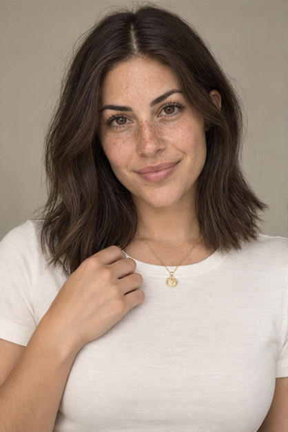 The same AI influencer in a jewelry ad for a signature pendant