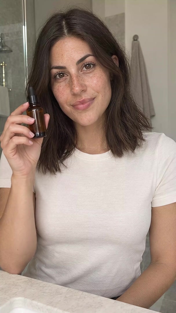 The same AI influencer in a skincare ad for a daily serum